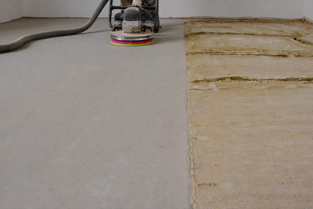 Vloerschuurmachine met afzuigslang op een dekvloer: links al schoon geslepen, rechts nog bedekt met een oude lijm- en egalisatielaag
