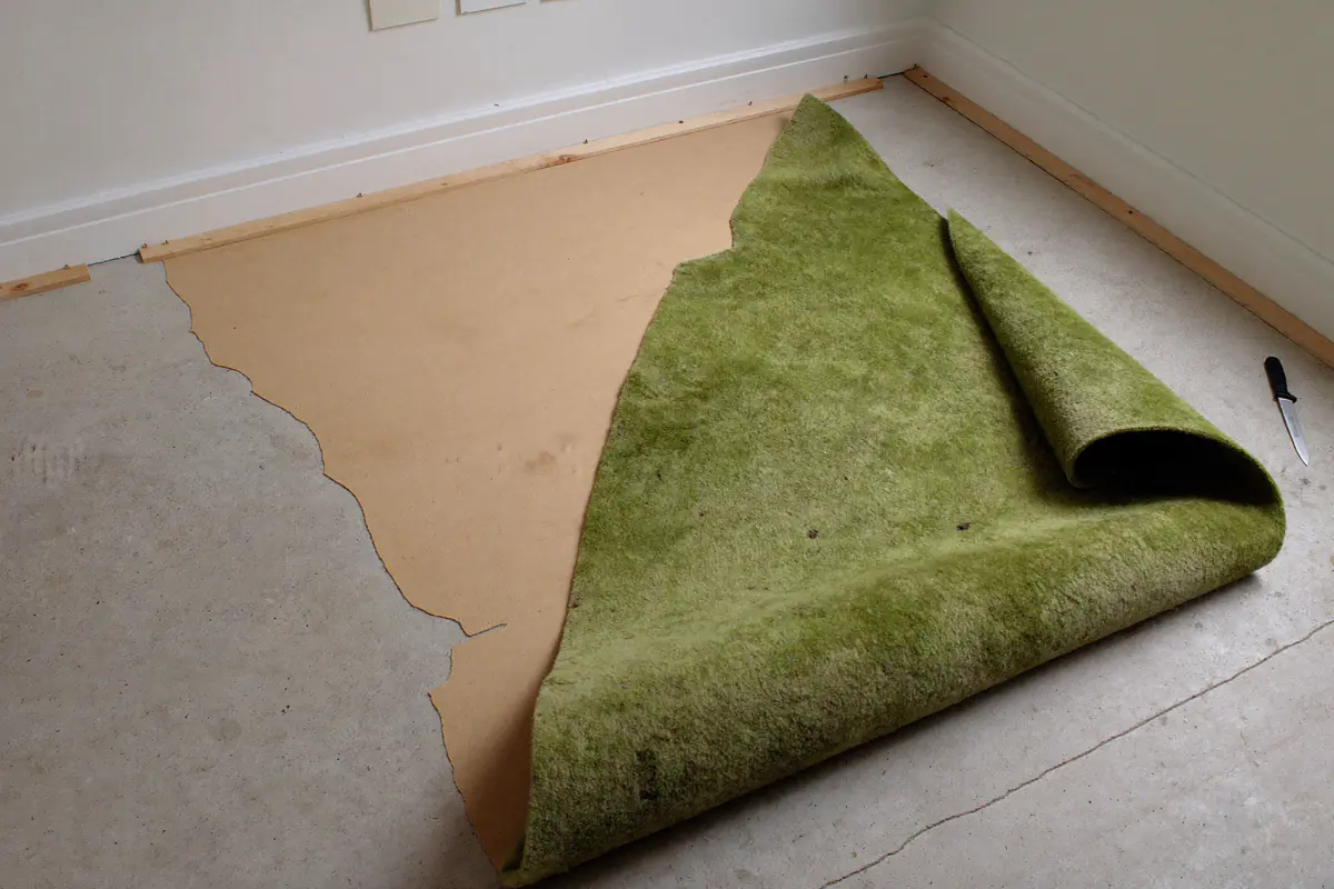 Oud groen tapijt dat in een lege kamer wordt opgerold, met de harde onderplaat en spijkerlatten langs de plint